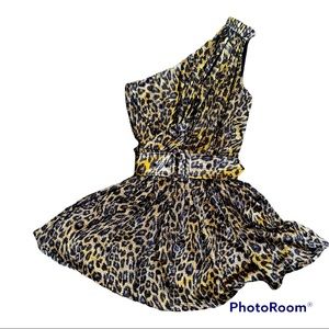 retrofête Black Brown Kayla Leopard Lamé Mini Metallic One Shoulder Dress